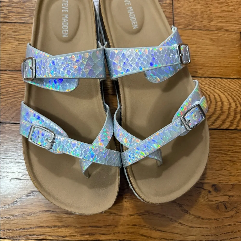 Steve Madden Holographic Double-Buckle Slide Sandals‎ - Iridescent Silver